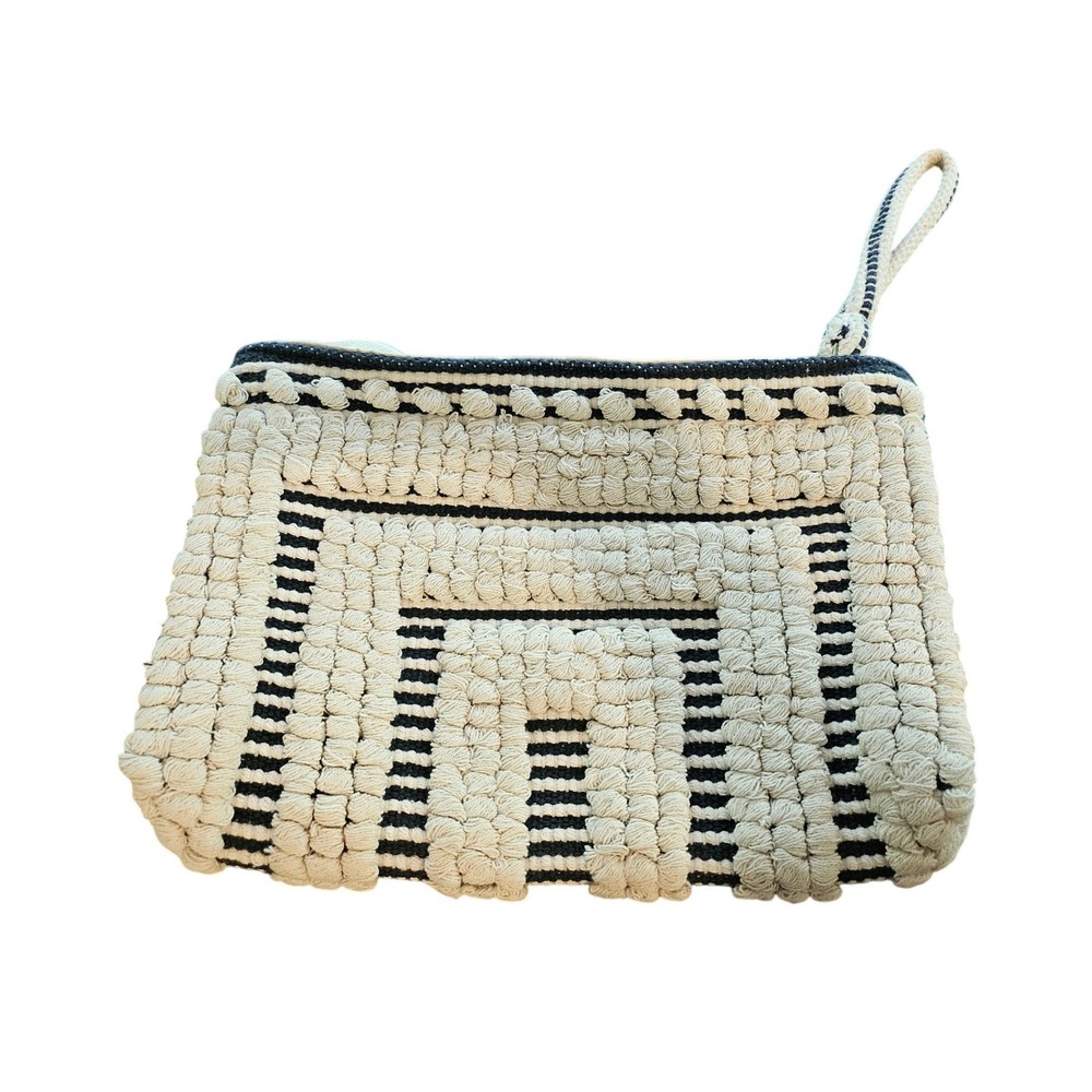 Simply Noelle Clutch Bag Makeup Travel Cream Navy Blue Textured Woven Wristlet